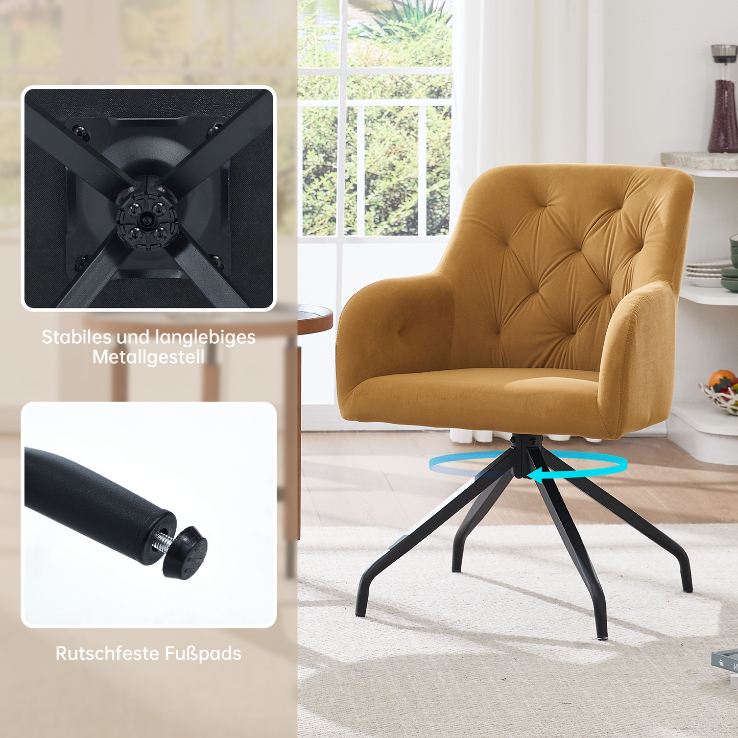 Kaufhof 360° drehbare Esszimmerstühle/Armlehnstühle 2er Set Samt Gelb