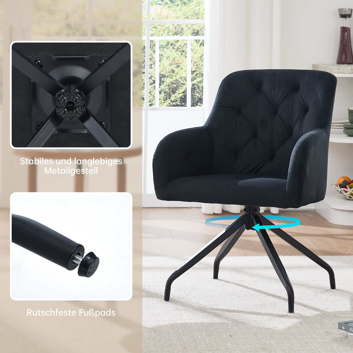 Kaufhof 360° drehbare Esszimmerstühle/Armlehnstühle 2er Set Samt Schwarz