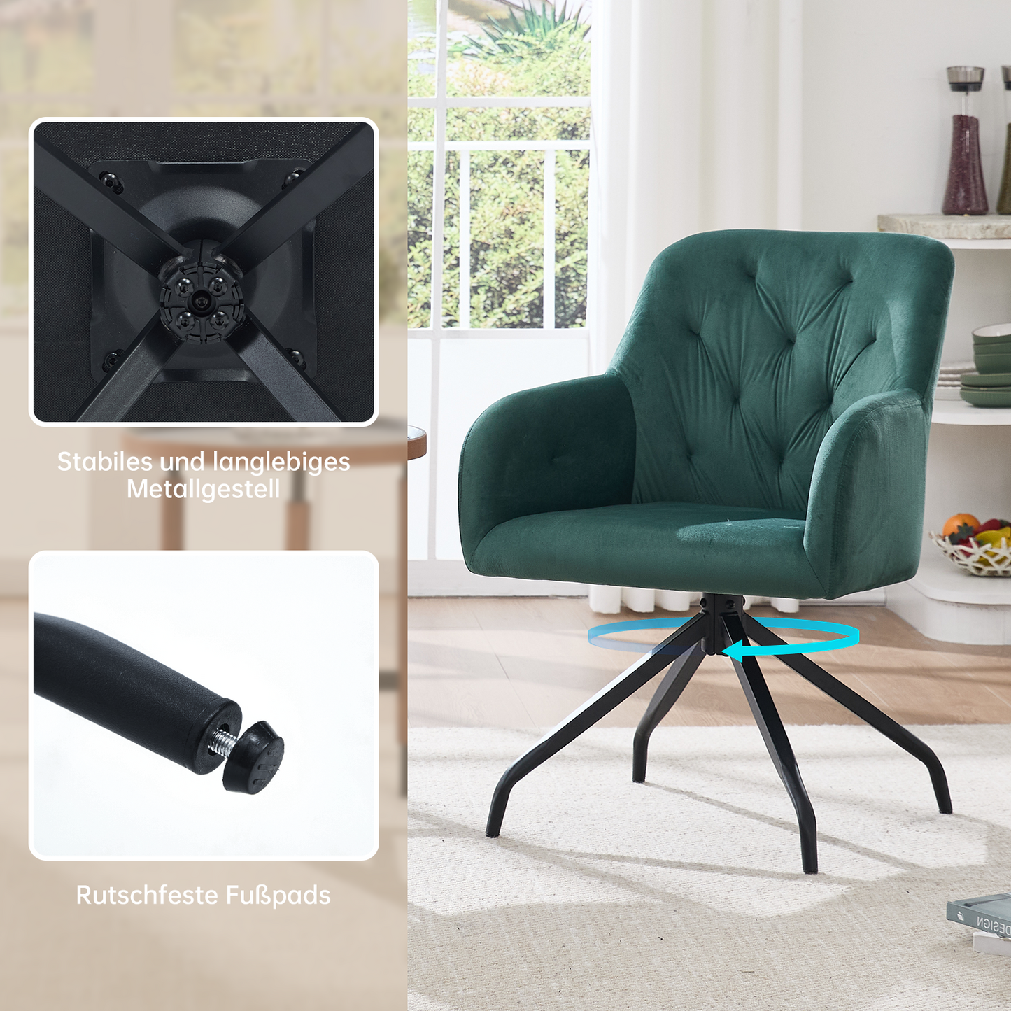 Kaufhof 360° drehbare Esszimmerstühle/Armlehnstühle 2er Set Samt Olivegrün