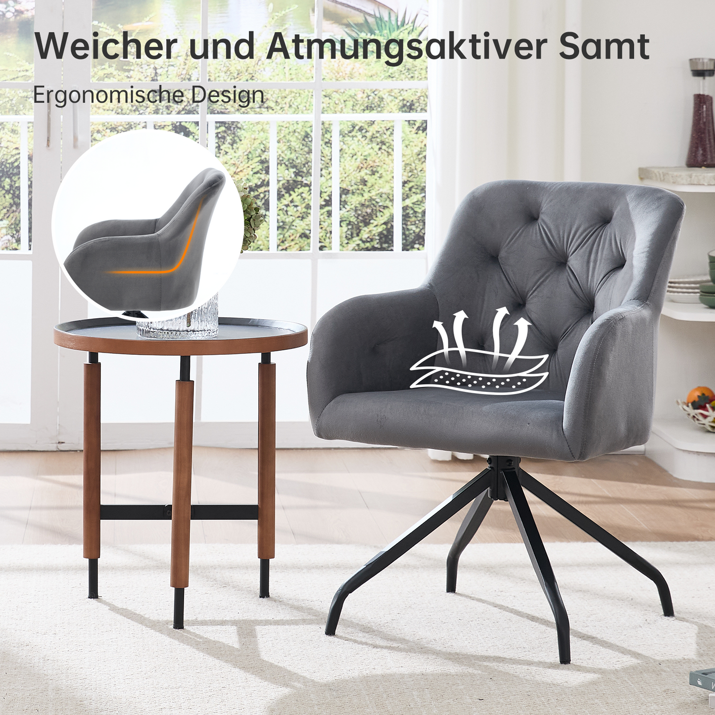 Kaufhof 360° drehbare Esszimmerstühle/Armlehnstühle 2er Set Samt Grau