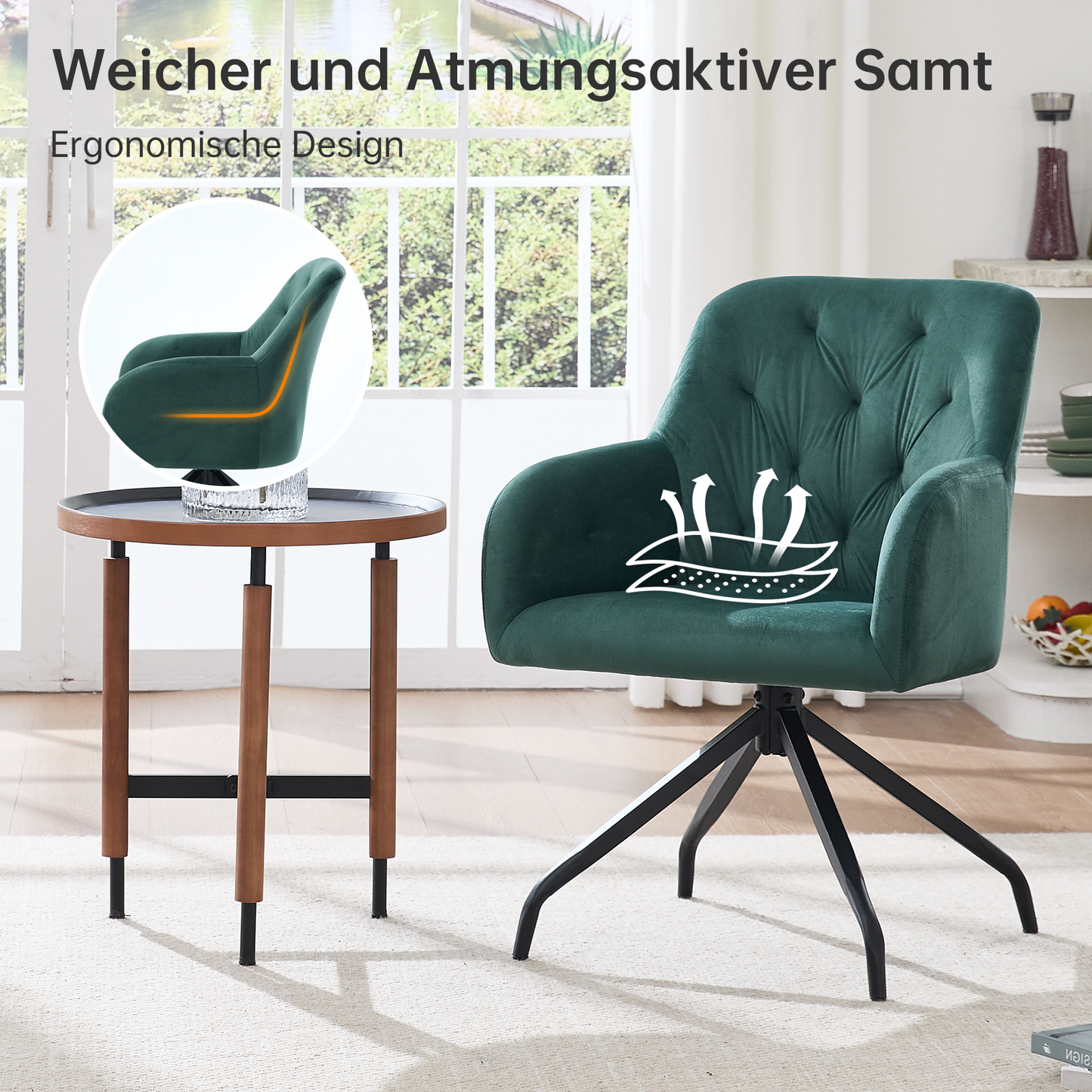 Kaufhof 360° drehbare Esszimmerstühle/Armlehnstühle 2er Set Samt Olivegrün